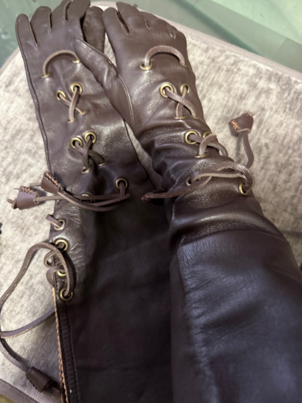 Leather Lace-Up Long Gloves - Brown